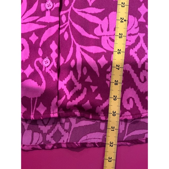 Dress Forum Pink Tropical Flamingo Toucan Print Button Up Shirt Sz M Flowy Boho - Picture 7 of 9